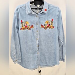 Vintage Bobbie Brooks Fall Teddy Bear Embroidered Rustic Denim Button Up, XL